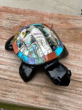 Carved Obsidian Turtle with Multicolor Inlay and Abalone Shell